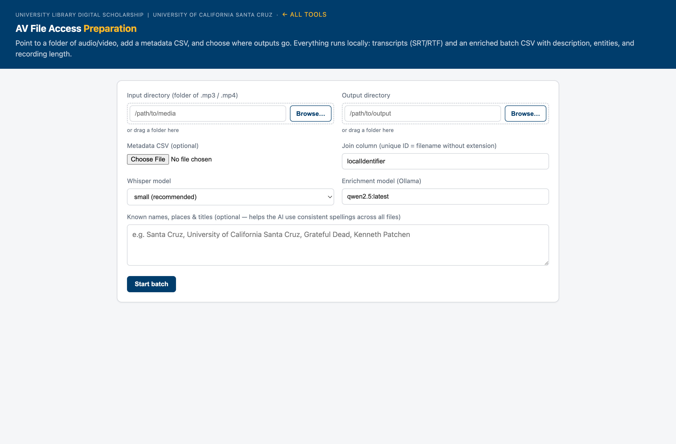 AV File Access Preparation form with directory fields, CSV upload, and known entities box