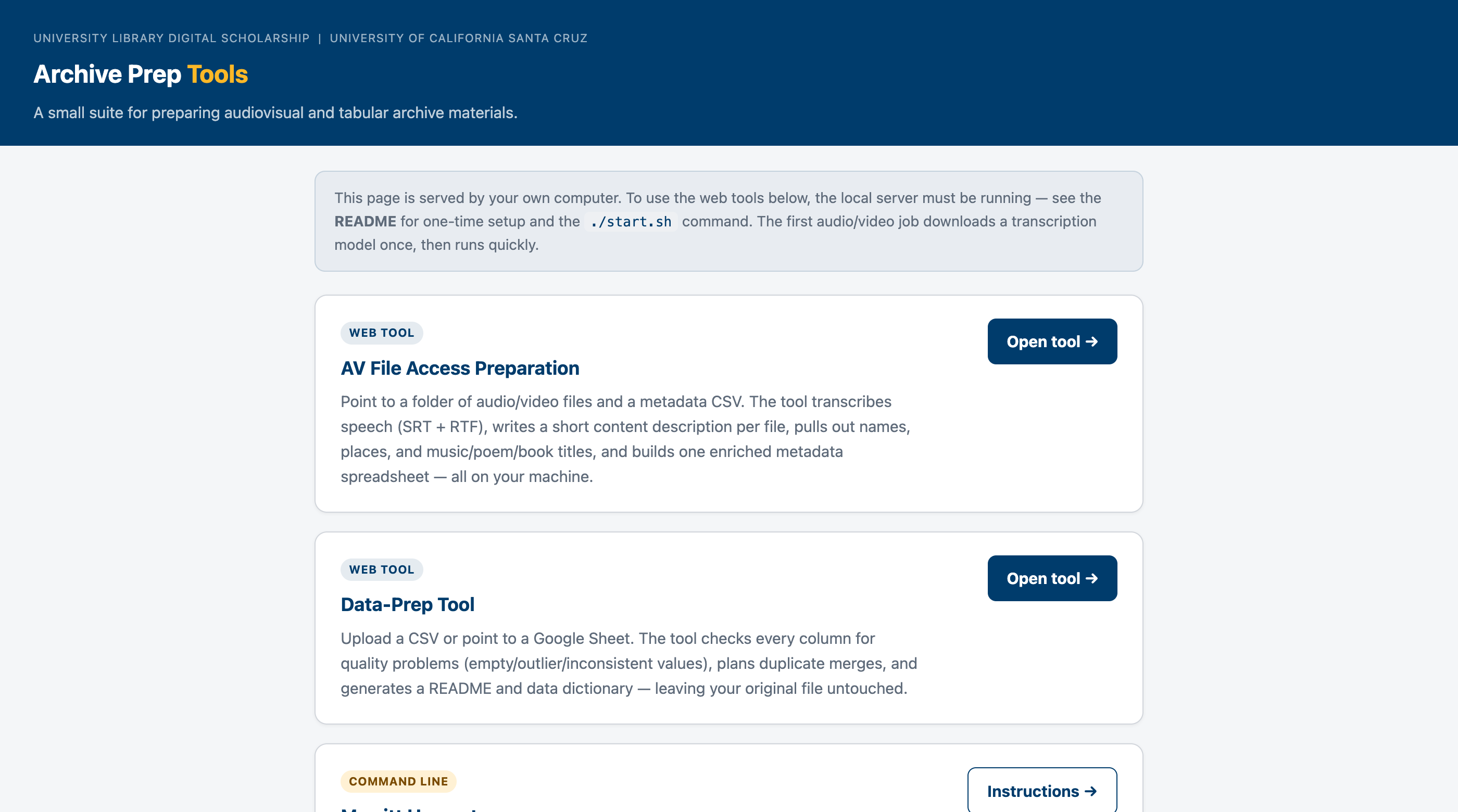 Archive Prep Tools home page showing all three tool cards